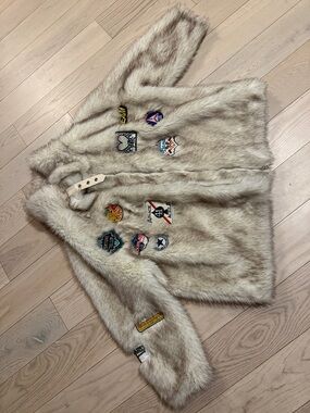 Cream Faux Fur Patch Jacket with Mixed Embroidered Badges